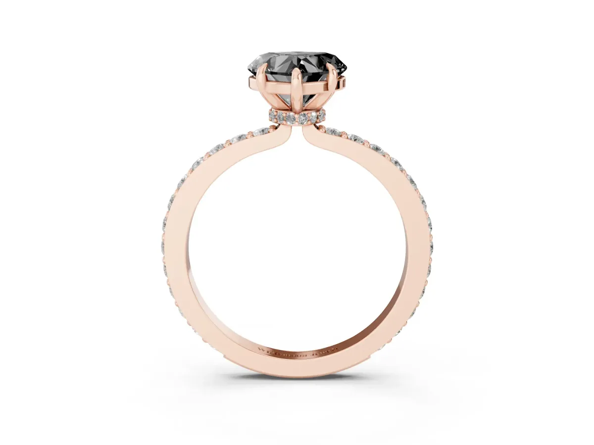 Fancy Black Heart Cut Diamond Pavé Engagement Ring with Round Accents and Prong Setting Rose gold