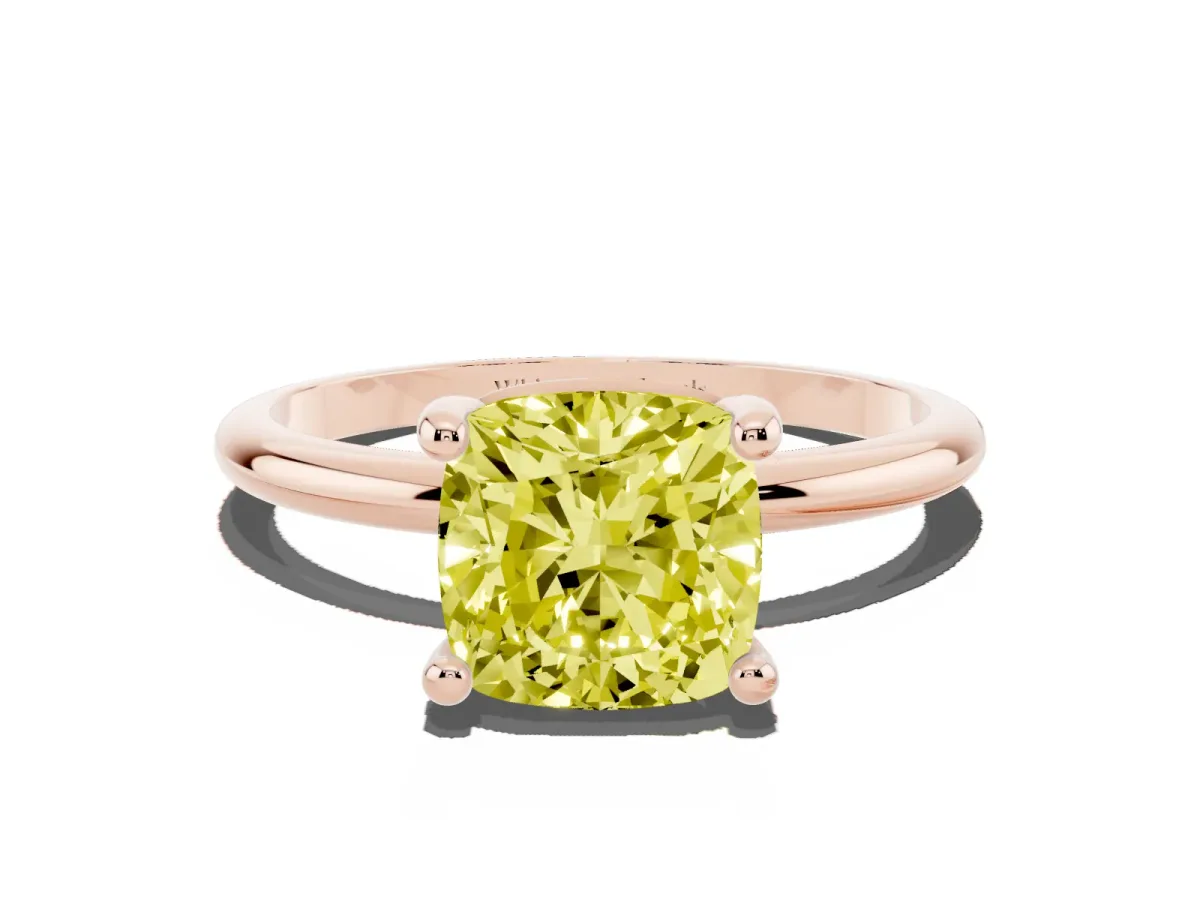 Fancy Yellow Cushion Cut Solitaire Diamond Ring with 4-Prong Setting on a Classic Band Rose gold