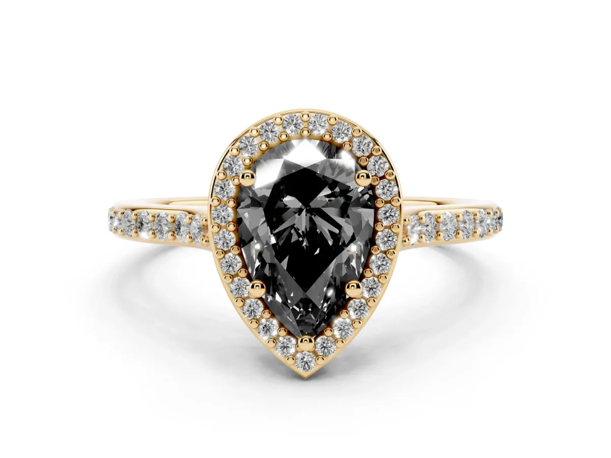 Fancy Black Pear Cut Diamond Halo Engagement Ring with Round Pavé Shoulders and Prong Setting Yellow gold