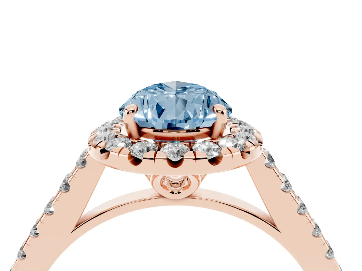 Fancy Blue Pear Cut Halo Pavé Diamond Engagement Ring with Four-Prong Setting Rose gold
