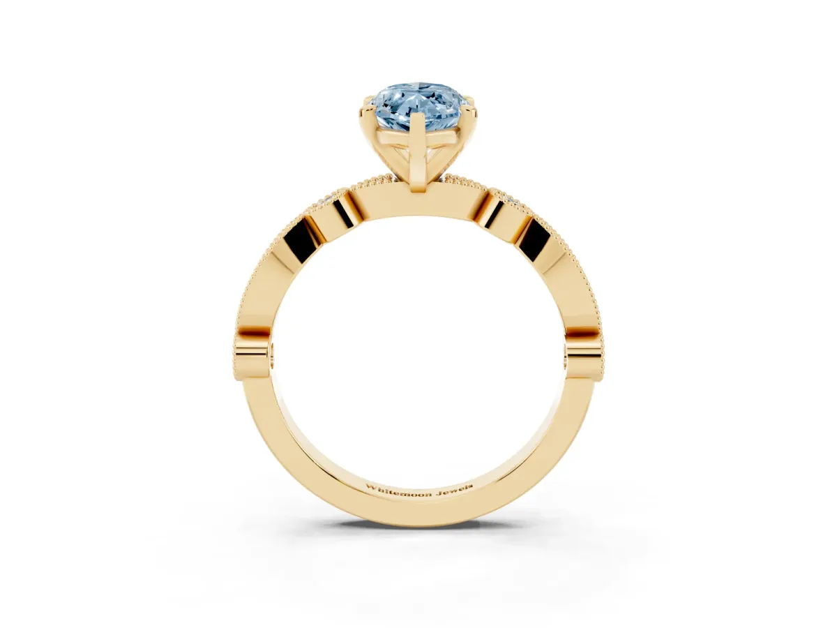 Fancy Blue Marquise Cut Milgrain Bezel Diamond Engagement Ring with Solitaire Prong Setting Yellow gold
