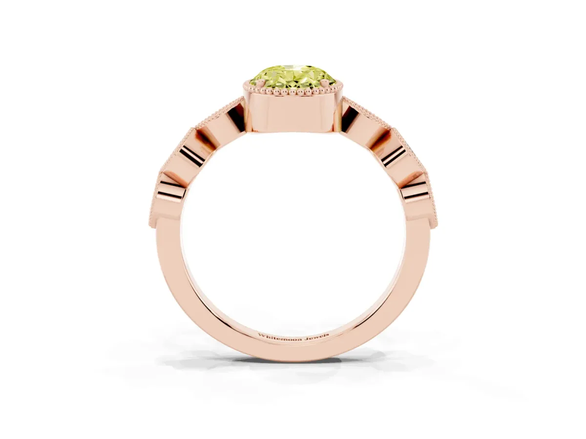 Fancy Yellow Oval Cut Diamond Vintage Milgrain Ring with Round Stations Rose gold