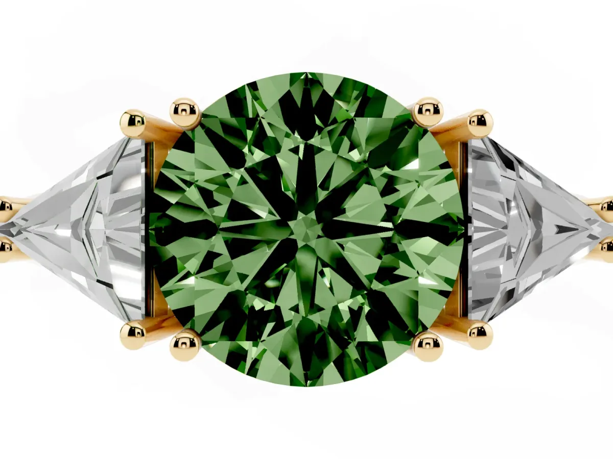 Fancy Green Three-Stone Round Cut Diamond Engagement Ring with Trillion Side Stones and Prong Setting Yellow gold