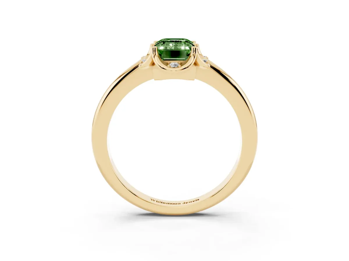 Fancy Green Emerald Cut Halo Diamond Ring with Round Cluster Setting, Solitaire Band, and Four-Prong Setting Yellow gold