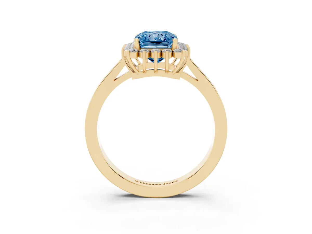 Fancy Blue Radiant Cut Cut Diamond Halo Ring with Round Brilliant Halo and Solitaire Band Yellow gold