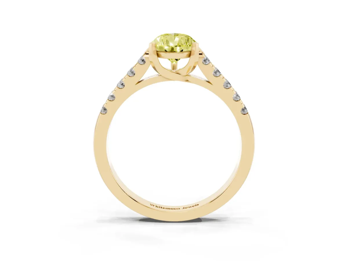 Fancy Yellow Pear Cut Diamond Pavé Band Solitaire Ring with Prong Setting Yellow gold