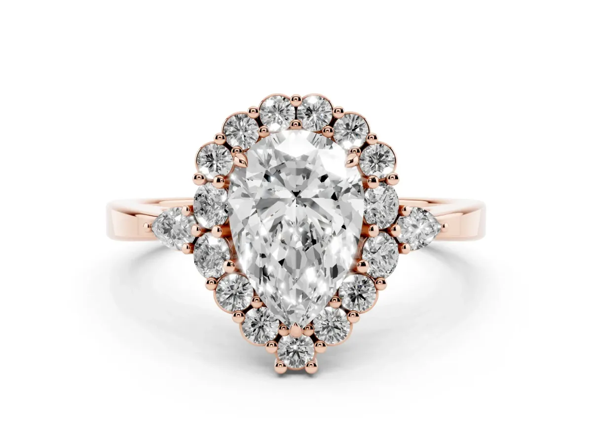 Pear Cut Diamond Halo Ring with Pear Side Stones and Prong Setting Rose gold