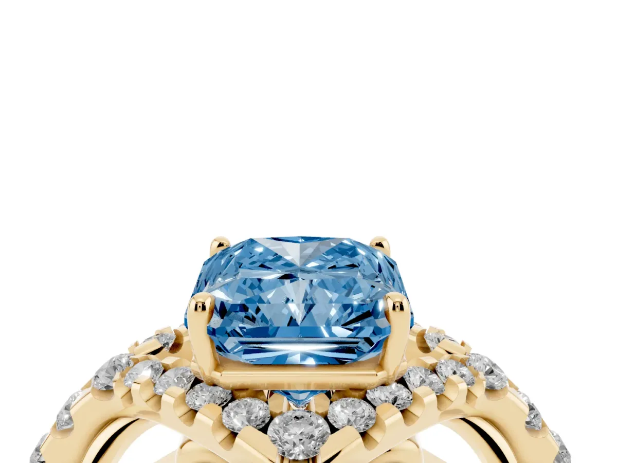 Fancy Blue Radiant Cut Diamond Solitaire Ring with Hidden Halo and Pavé Band Yellow gold