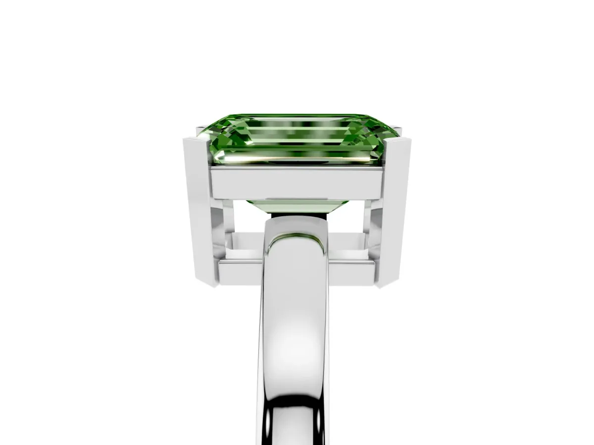 Fancy Green Emerald Cut Cut Solitaire Ring with Four-Prong Setting and Classic Band Platinum