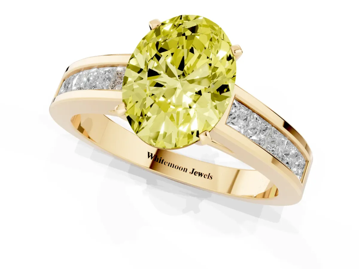 Fancy Yellow Oval Cut Solitaire Diamond Ring with Channel-Set Band and Four-Prong Setting Yellow gold