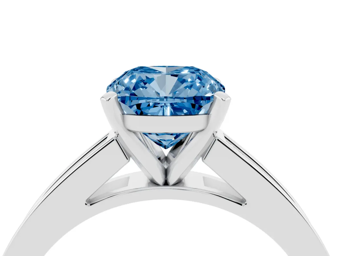 Fancy Blue Cushion Cut Solitaire Diamond Ring with Channel-Set Band and Four-Prong Setting Silver