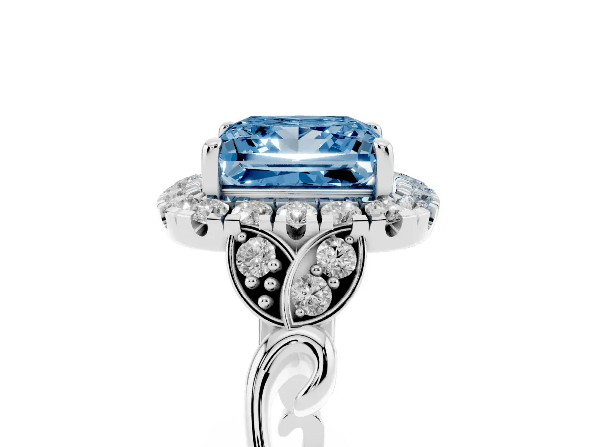 Fancy Blue Princess Cut Halo Diamond Engagement Ring with Vintage-Inspired Band and Four-Prong Setting Silver