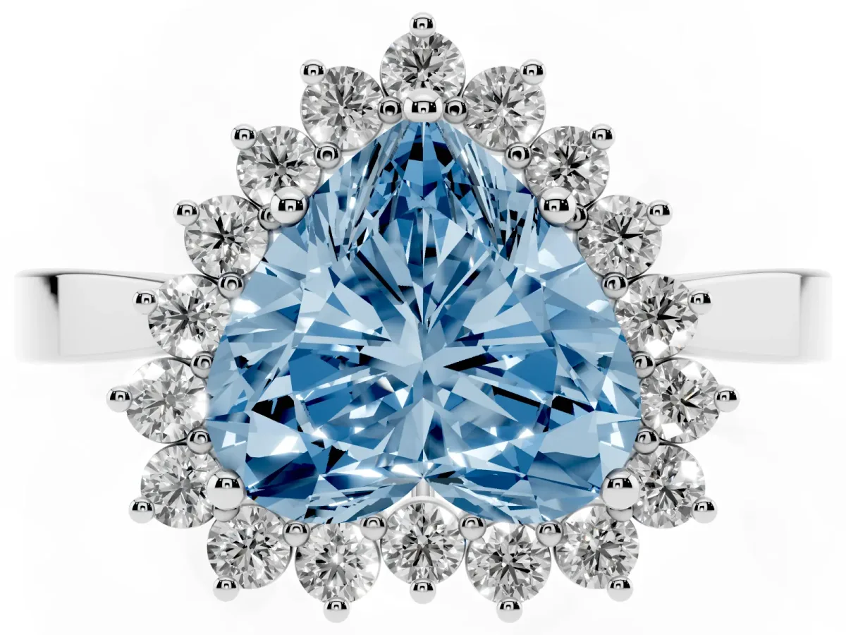Fancy Blue Heart Cut Cut Diamond Halo Ring with Round Brilliant Halo and Solitaire Band White gold