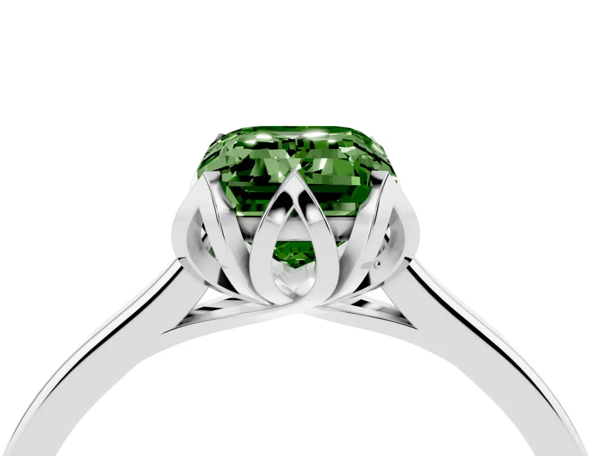 Fancy Green Emerald Cut Diamond Solitaire Ring with Flower Prong Setting and Classic Band Silver