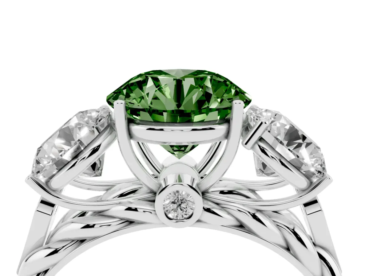 Fancy Green Three-Stone Round Cut Diamond Braided Band Ring with Four-Prong Setting Platinum