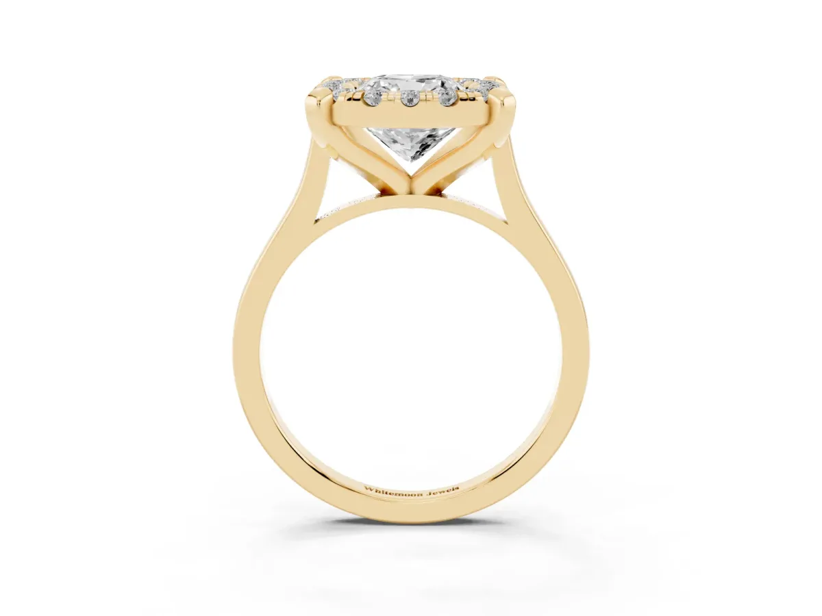 Cushion Cut Diamond Cluster Halo Solitaire with Four-Prong Setting Yellow gold