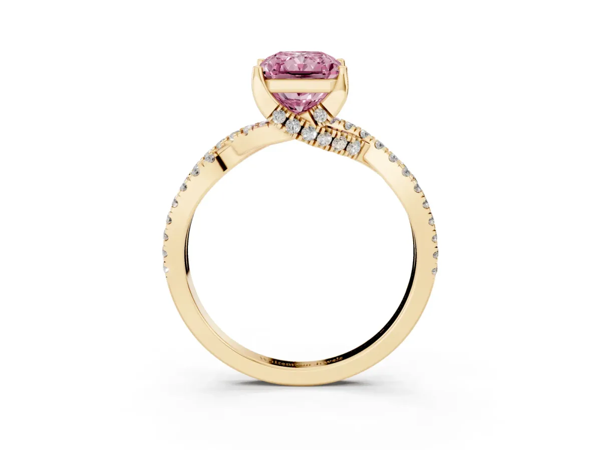 Fancy Pink Radiant Cut Solitaire Twist Pave Diamond Engagement Ring with Prong Setting Yellow gold