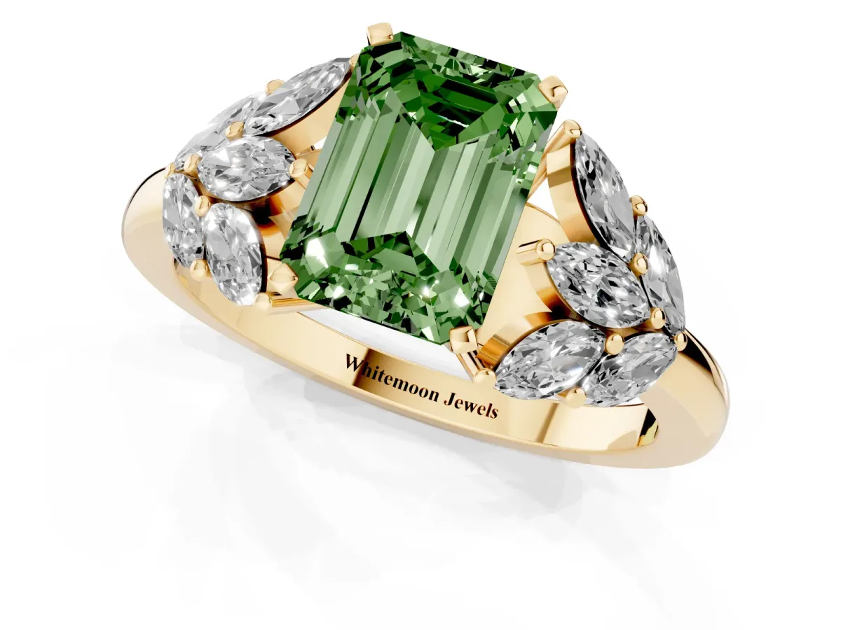 Fancy Green Emerald Cut Diamond Cluster Leaf Design Ring with Prong Setting Yellow gold