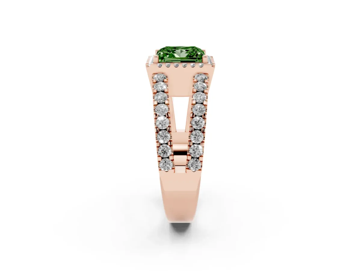 Fancy Green Princess Cut Cut Halo Split Shank Diamond Ring with Four-Prong Setting Rose gold