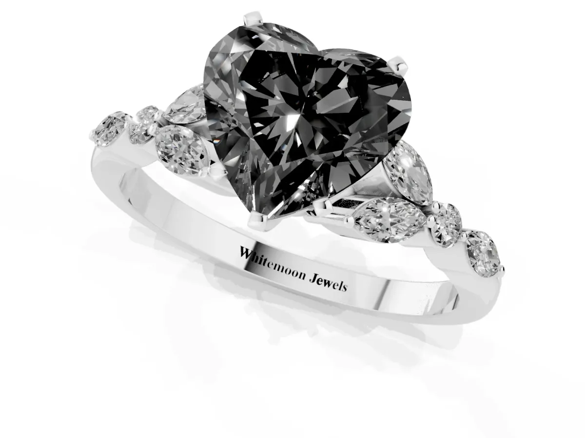 Fancy Black Heart Cut Diamond Solitaire Ring with Side Stones and Four-Prong Setting Silver