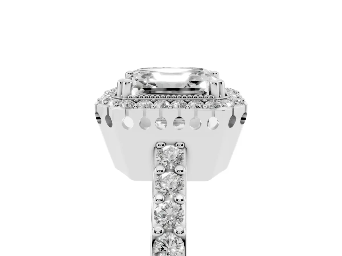 Asscher Cut Cut Diamond Halo Engagement Ring with Milgrain Detail and Pavé Band White gold