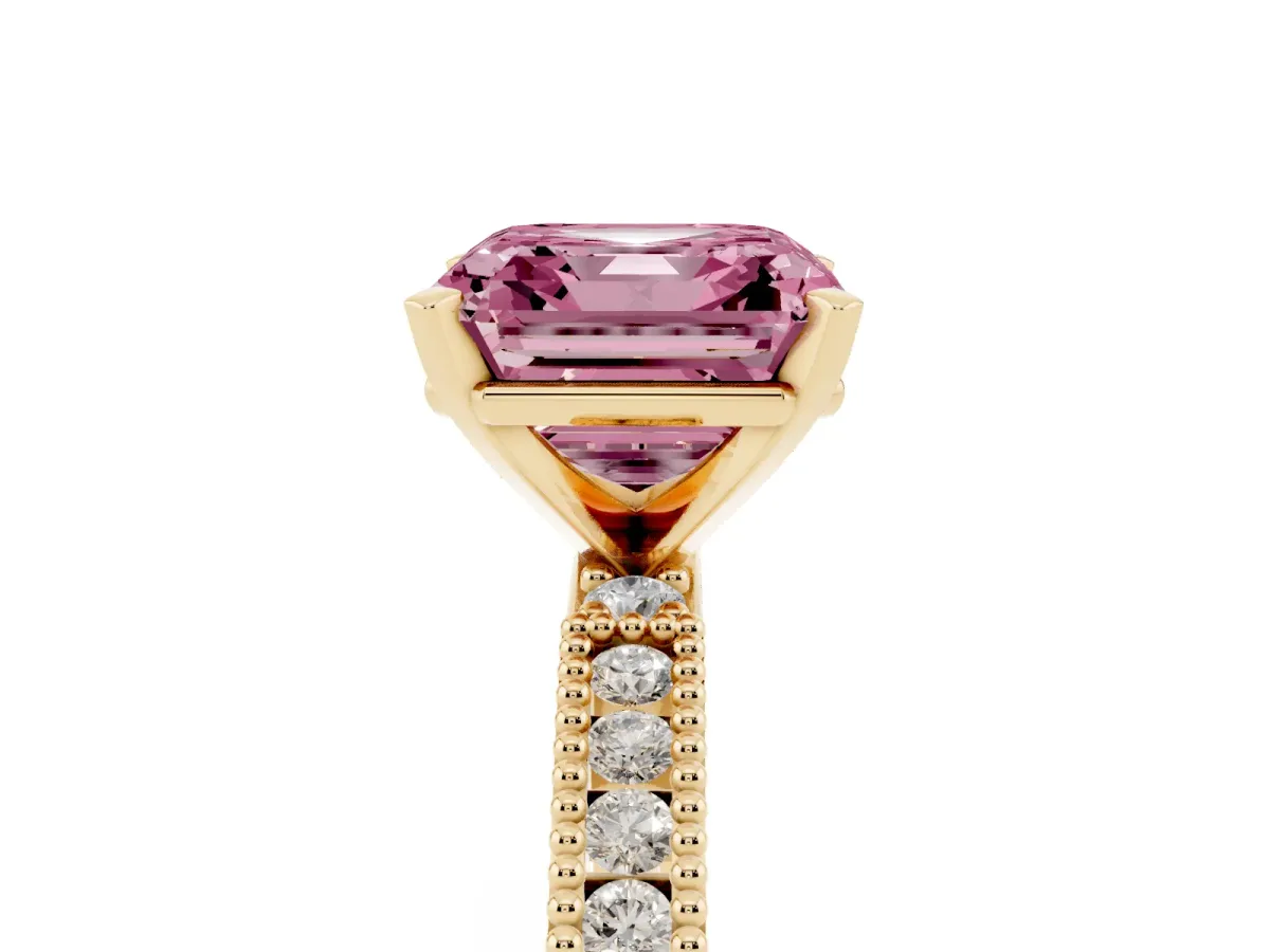 Fancy Pink Asscher Cut Solitaire with Pavé Band and Four-Prong Setting Yellow gold