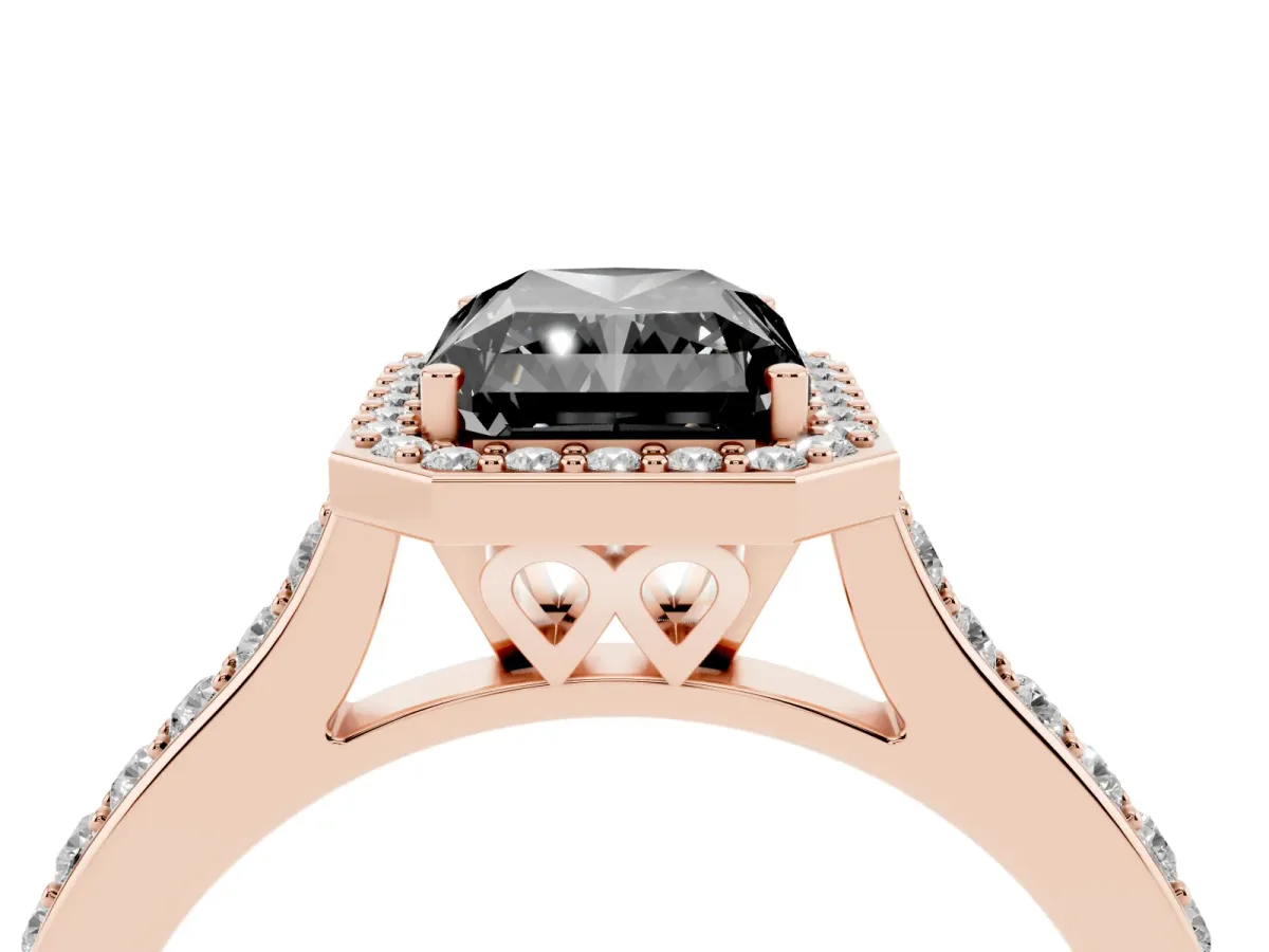 Fancy Black Radiant Cut Diamond Halo Engagement Ring with Round Pavé Shoulders and Prong Setting Rose gold