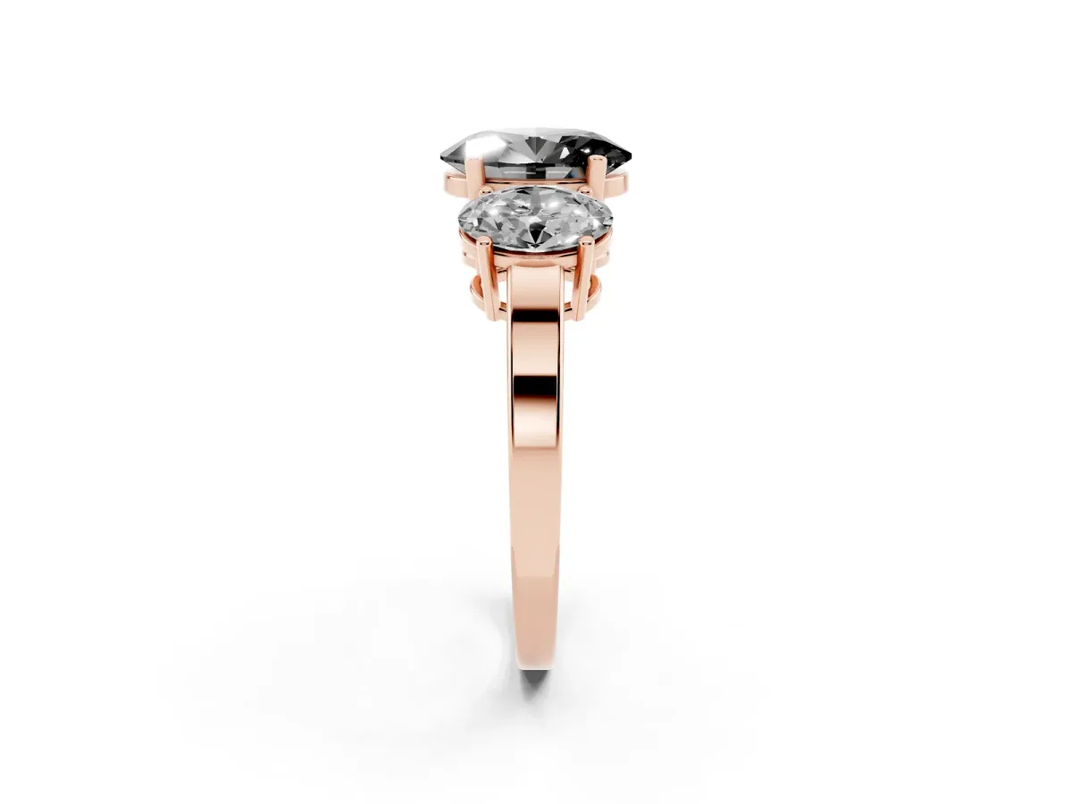 Fancy Black Three-Stone Oval Cut Cut Diamond Engagement Ring with Flat Band and Four-Prong Setting Rose gold