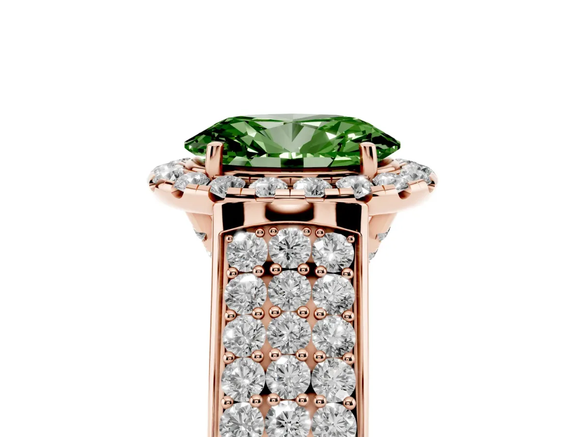 Fancy Green Oval Cut Halo Round Diamond Pave Band with Prong Setting Rose gold