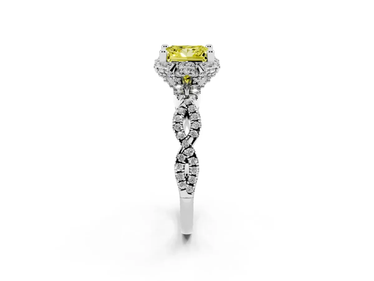 Fancy Yellow Princess Cut Halo Twist Band Solitaire Ring with Six-Prong Setting Silver