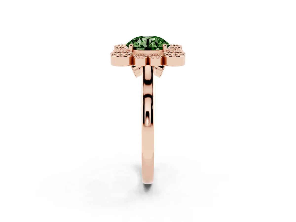 Fancy Green Round Cut Halo Diamond Cluster Engagement Ring with Milgrain Bezel Setting and Solitaire Band Rose gold