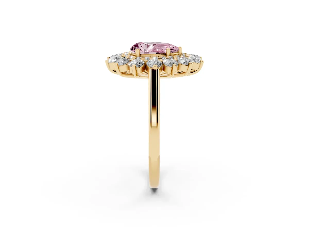 Fancy Pink Pear Cut Diamond Floral Double Halo Engagement Ring with Prong Setting Yellow gold