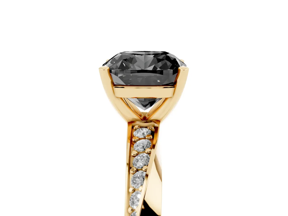 Fancy Black Cushion Cut Diamond Engagement Ring with Side Stone Accents and Four-Prong Setting Yellow gold