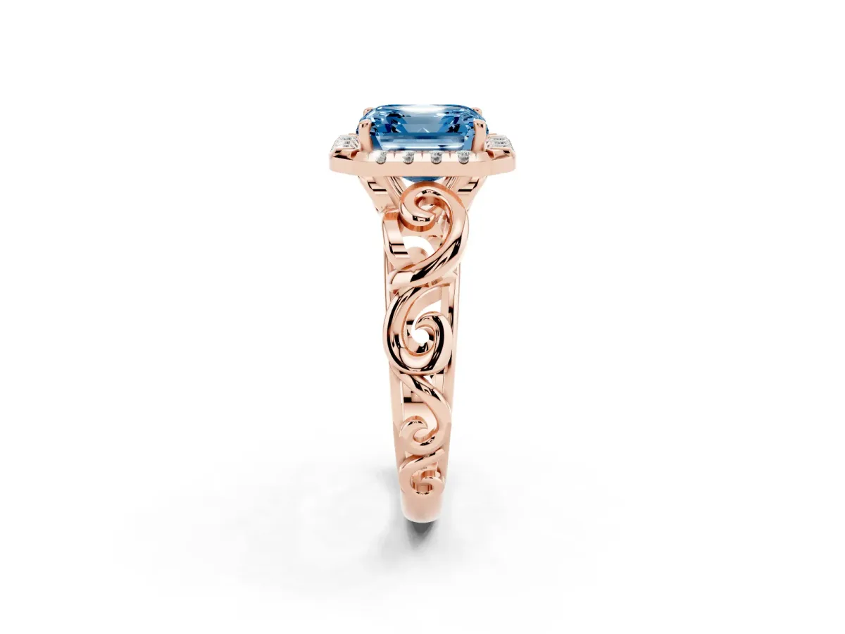 Fancy Blue Asscher Cut Cut Halo Diamond Ring with Scrollwork Band and Four-Prong Setting Rose gold