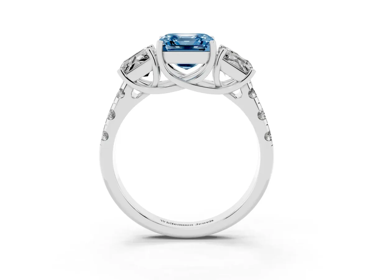 Fancy Blue Three-Stone Asscher Cut Diamond Pavé Band with Prong Setting Silver