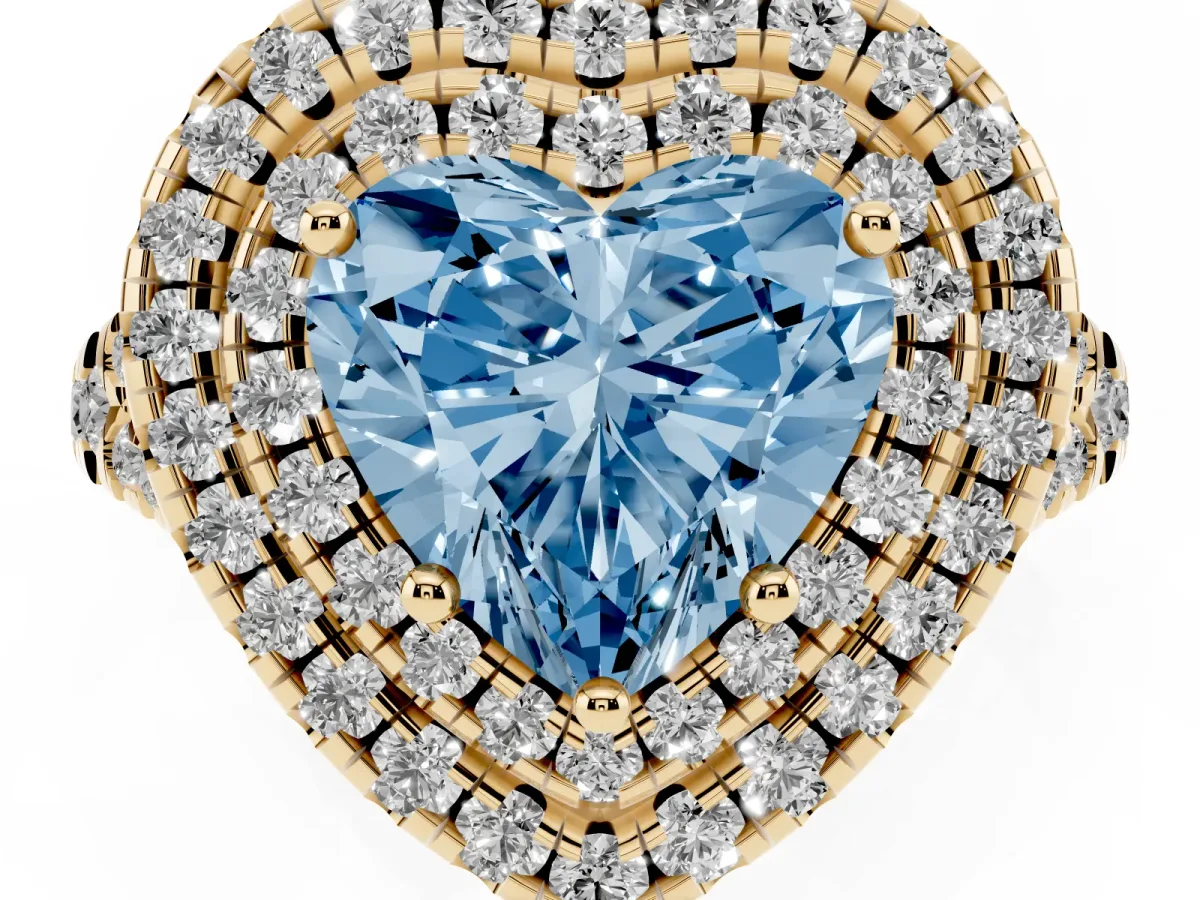 Fancy Blue Double Halo Heart Cut Diamond Pavé Split Shank Ring with Prong Setting Yellow gold