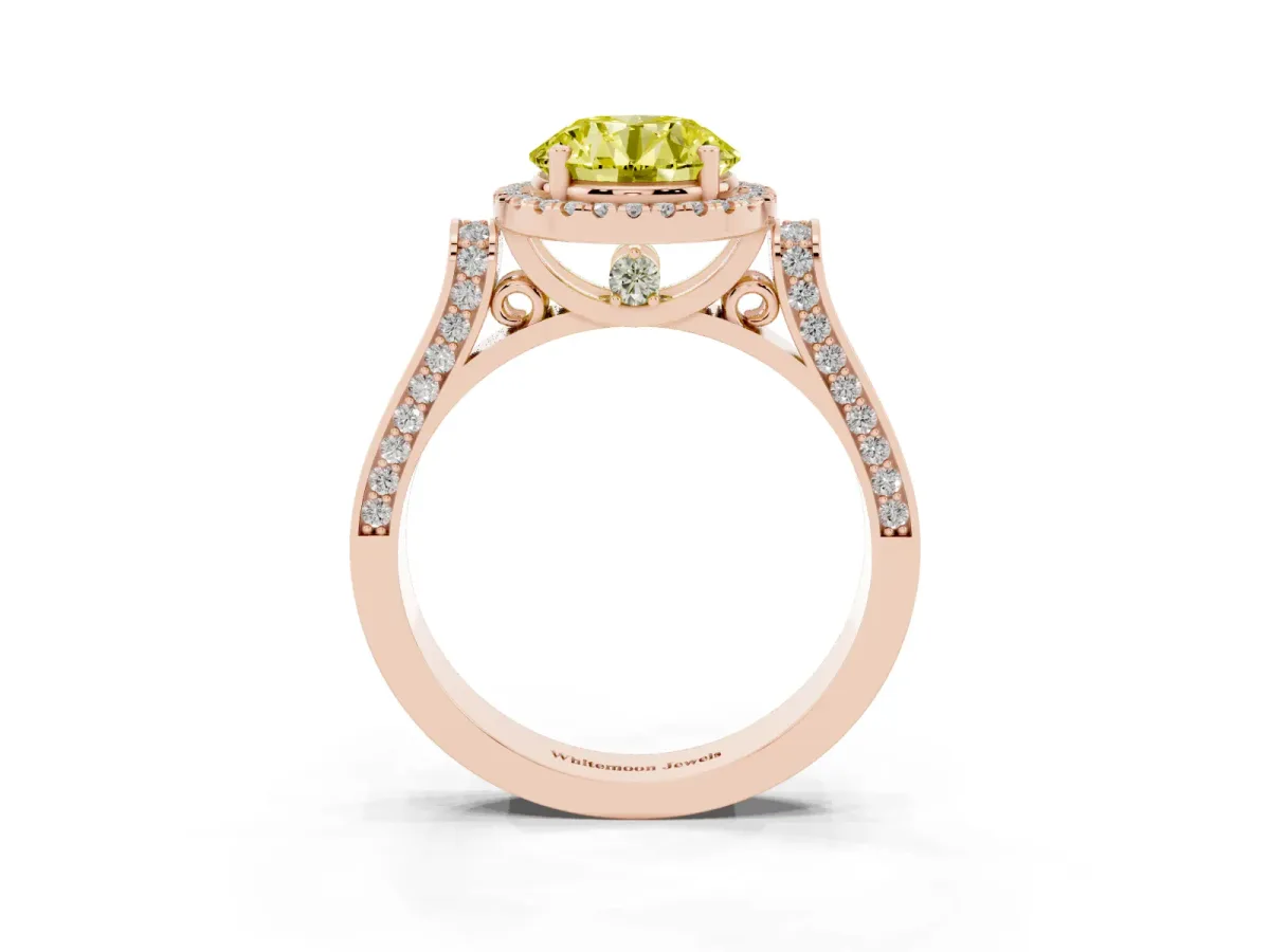 Fancy Yellow Round Cut Halo Round Diamond Twist Band with Four-Prong Setting Rose gold