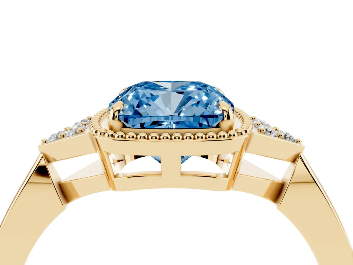 Fancy Blue Hexagonal Halo Cushion Cut Diamond Solitaire with Pavé Band and Four-Prong Setting Yellow gold