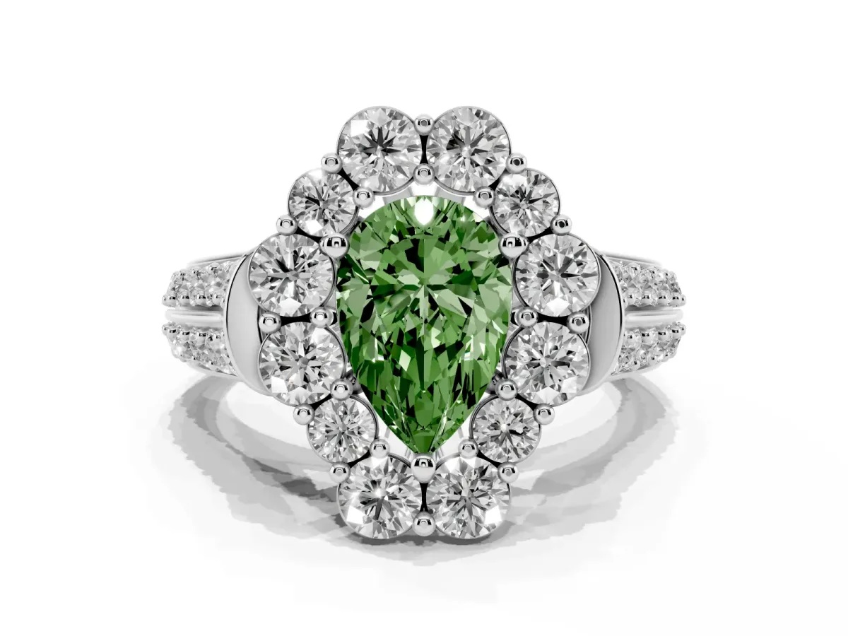 Fancy Green Pear Cut Halo Diamond Engagement Ring with Split Shank and Prong Setting Silver