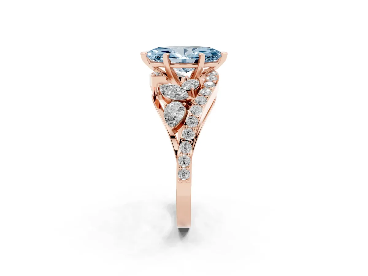Fancy Blue Marquise Cut Diamond Halo Ring with Marquise and Pavé Band in Prong Setting Rose gold