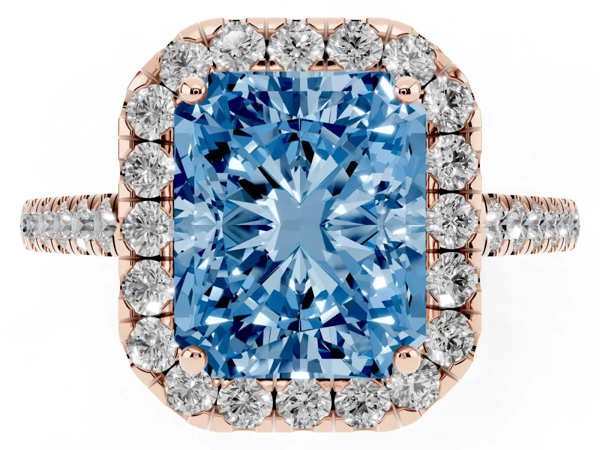 Fancy Blue Radiant Cut Halo Pave Diamond Engagement Ring with Four-Prong Setting Rose gold