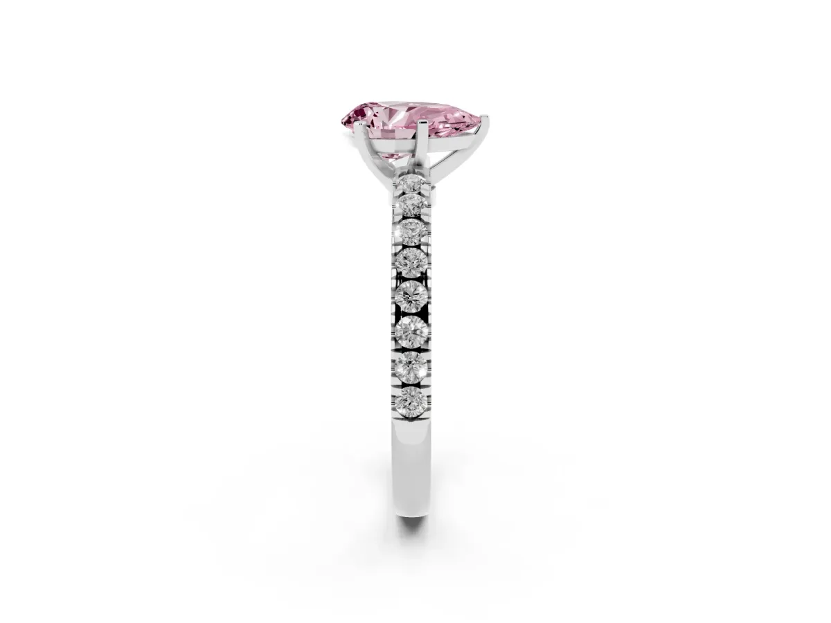 Fancy Pink Pear Cut Solitaire Diamond with Pavé Band and Four-Prong Setting Silver
