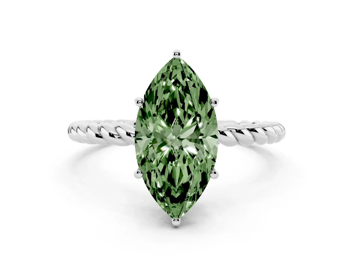 Fancy Green Marquise Cut Solitaire Twist Band Ring with Four-Prong Setting Silver