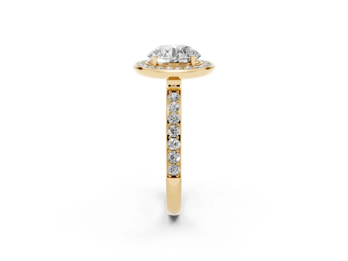 Round Cut Diamond Halo Ring with Bezel Frame and Pavé Band Yellow gold