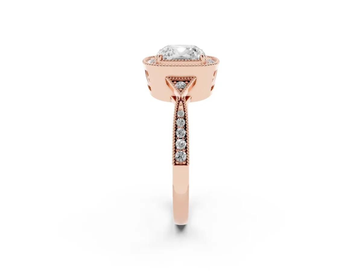 Cushion Cut Halo Round Diamond Milgrain Pave Engagement Ring Rose gold