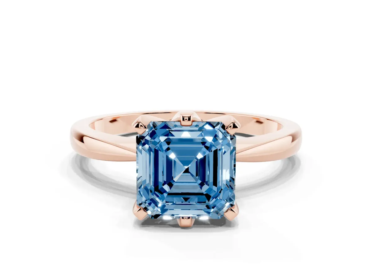 Fancy Blue Asscher Cut Solitaire Engagement Ring with Six-Prong Setting and Tapered Band Rose gold