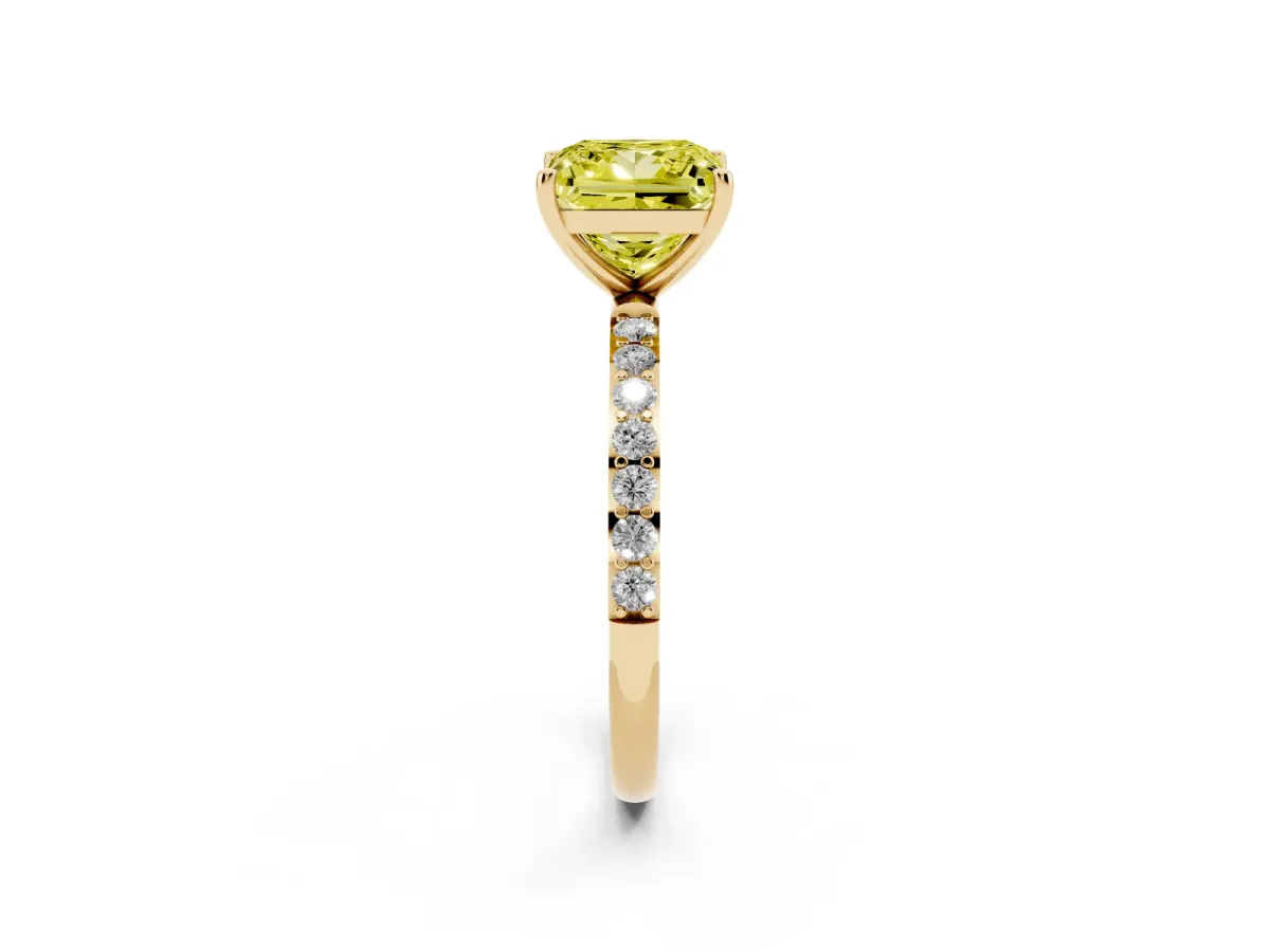 Fancy Yellow Princess Cut Diamond Solitaire Ring with Round Pavé Shoulders and Prong Setting Yellow gold