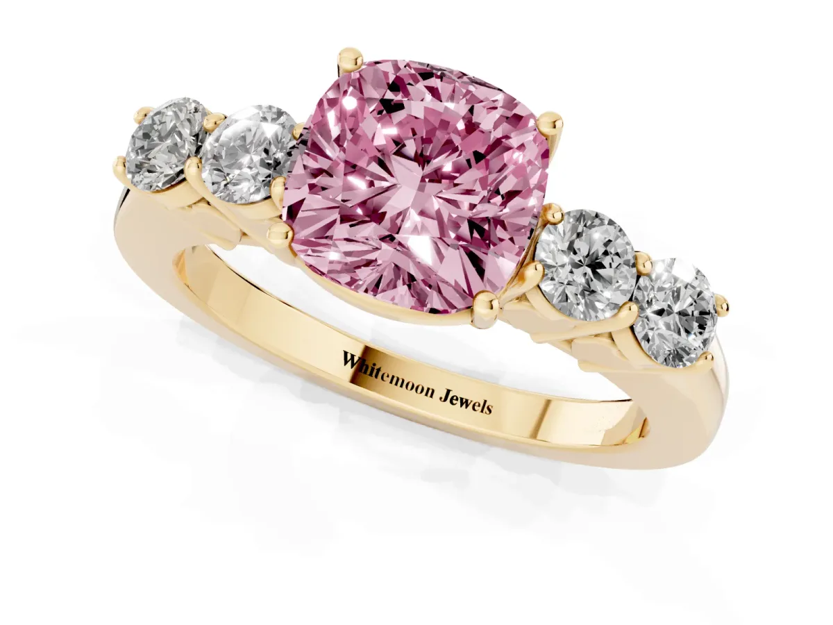 Fancy Pink Cushion Cut Cut Diamond Five-Stone Prong Set White Gold Ring Yellow gold