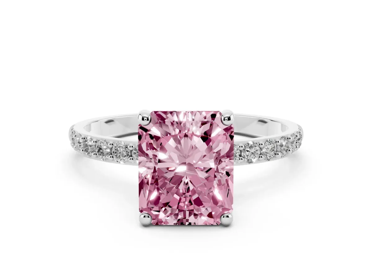 Fancy Pink Radiant Cut Diamond Solitaire Ring with Round Pavé Band and Prong Setting Silver