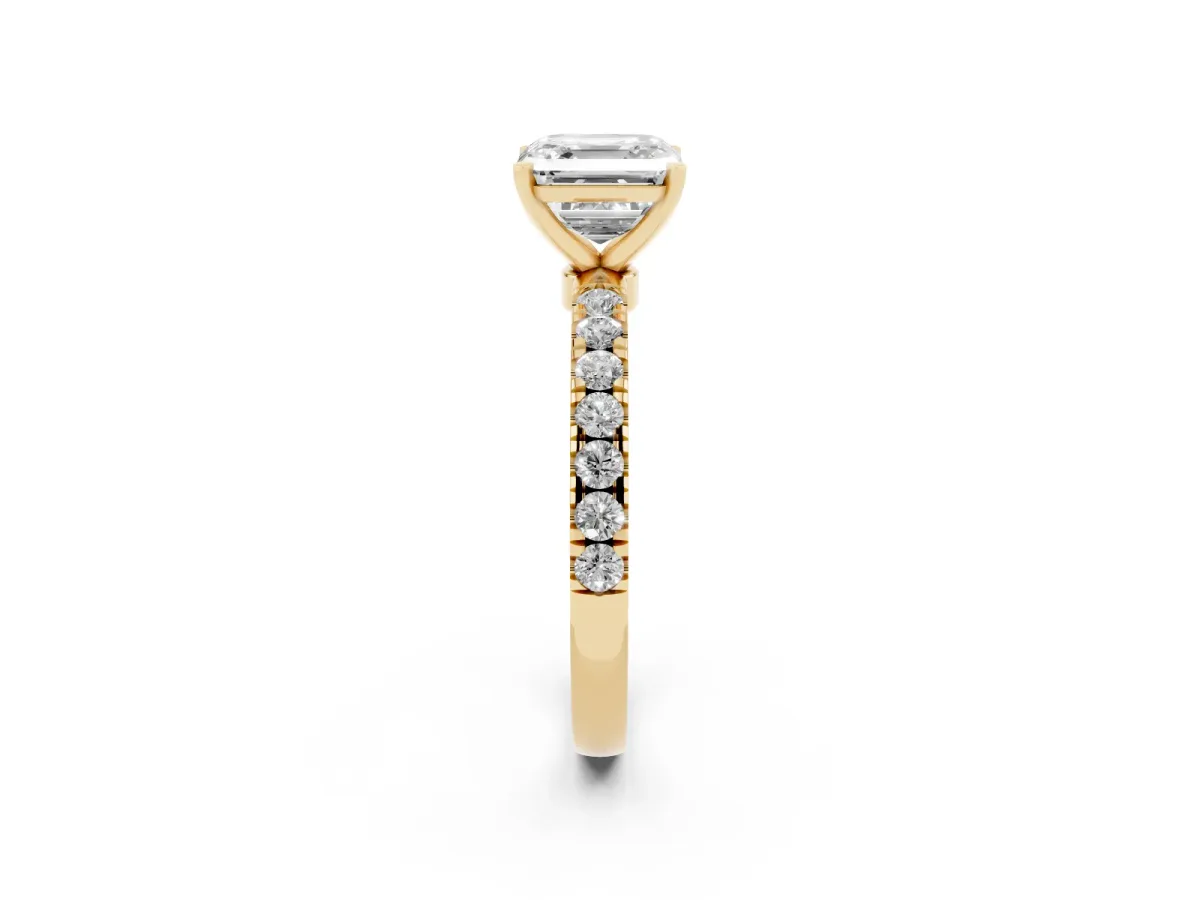 Asscher Cut Diamond Solitaire Ring with Pavé Accents and Four-Prong Setting Yellow gold